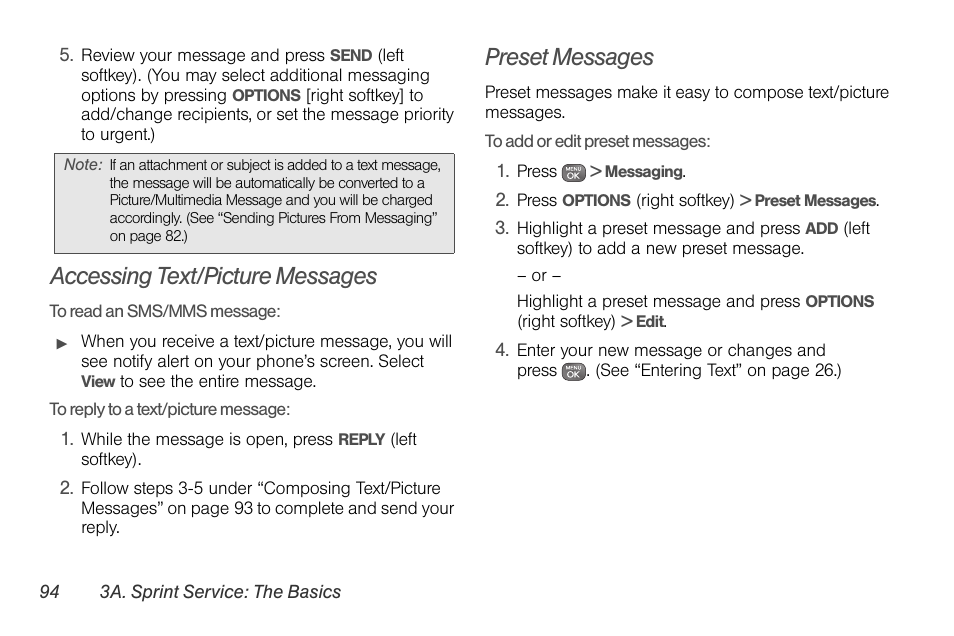 Accessing text/picture messages, Preset messages | Sprint Nextel LG Remarq UG_9a_070709 User Manual | Page 104 / 143
