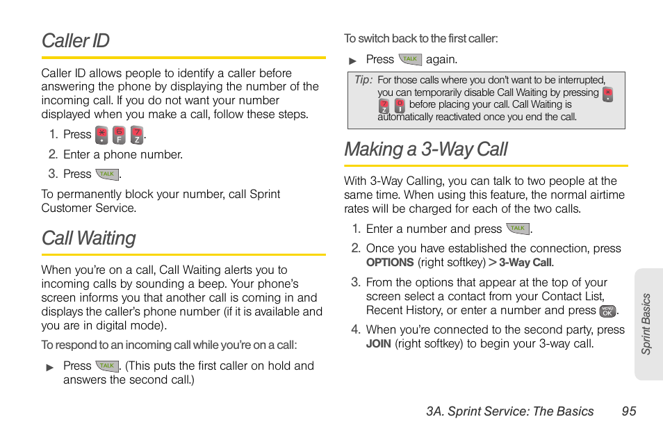 Caller id, Call waiting, Making a 3-way call | Sprint Nextel LG Remarq UG_9a_070709 User Manual | Page 105 / 143
