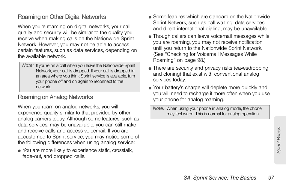 Roaming on other digital networks, Roaming on analog networks | Sprint Nextel LG Remarq UG_9a_070709 User Manual | Page 107 / 143