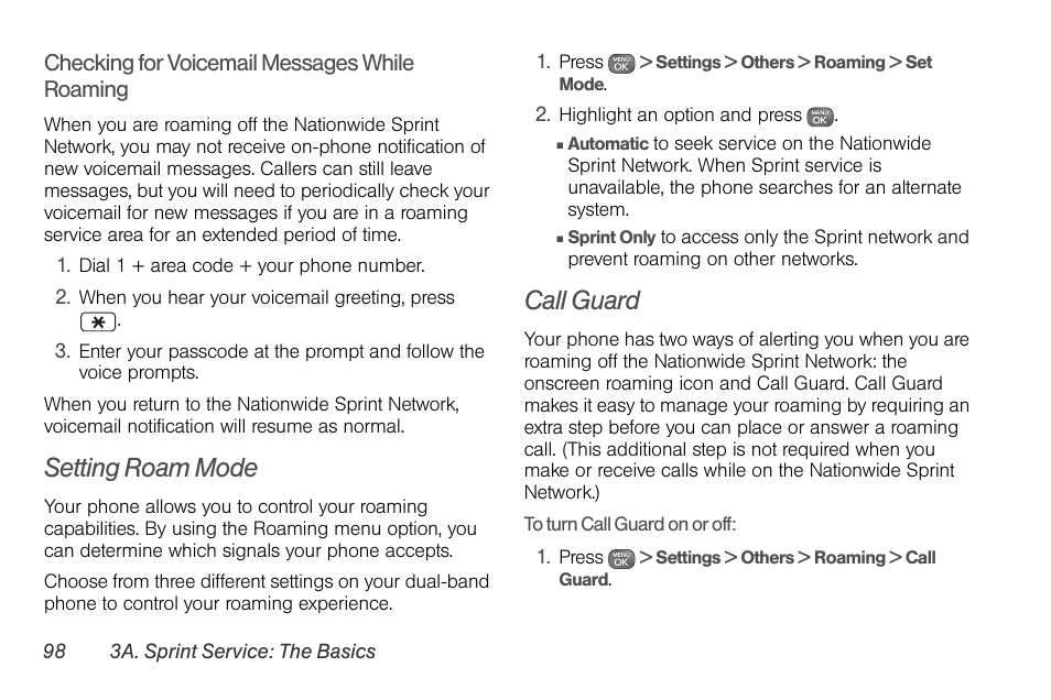 Setting roam mode, Call guard | Sprint Nextel LG Remarq UG_9a_070709 User Manual | Page 108 / 143