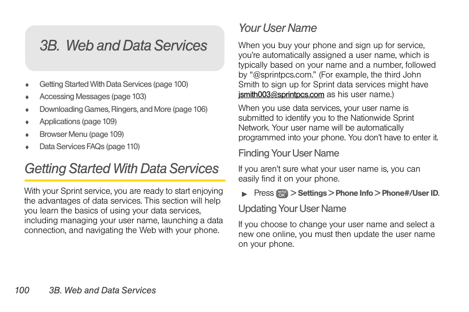 3b. web and data services, Getting started with data services, Your user name | Sprint Nextel LG Remarq UG_9a_070709 User Manual | Page 110 / 143