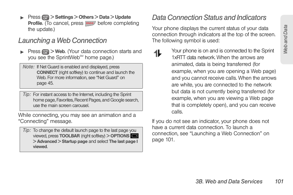Launching a web connection, Data connection status and indicators | Sprint Nextel LG Remarq UG_9a_070709 User Manual | Page 111 / 143