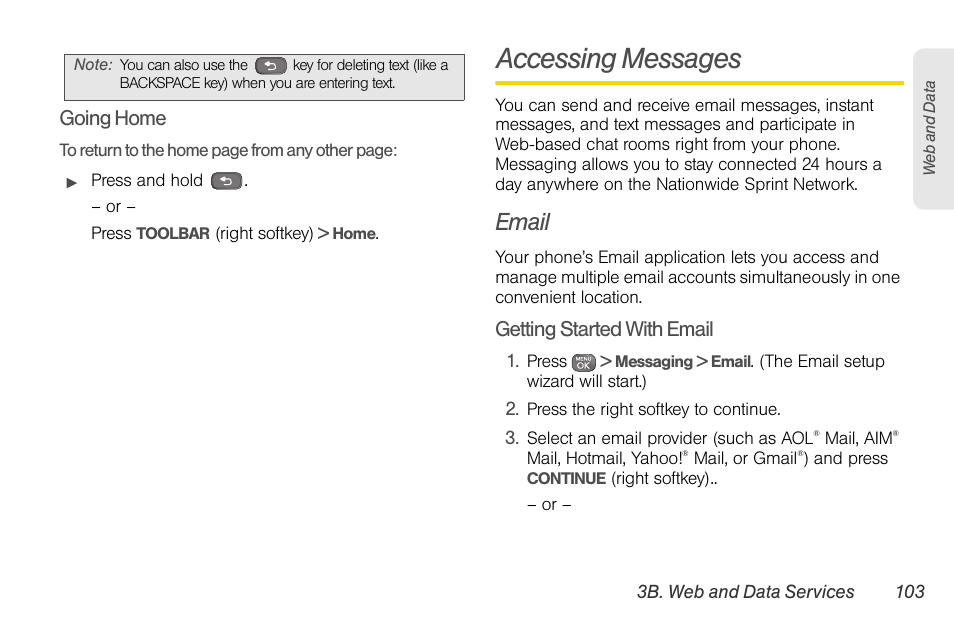 Accessing messages, Email, Going home | Getting started with email | Sprint Nextel LG Remarq UG_9a_070709 User Manual | Page 113 / 143