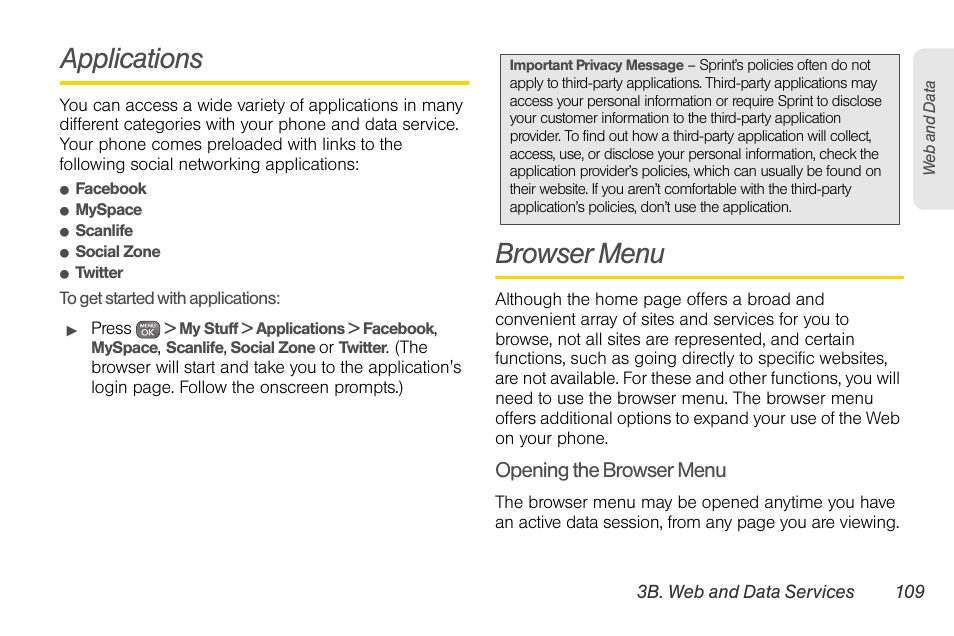 Applications, Browser menu, Opening the browser menu | Sprint Nextel LG Remarq UG_9a_070709 User Manual | Page 119 / 143