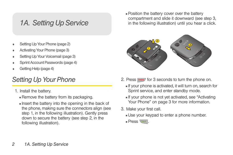 1a. setting up service, Setting up your phone | Sprint Nextel LG Remarq UG_9a_070709 User Manual | Page 12 / 143