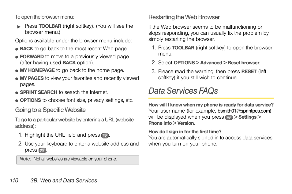 Data services faqs, Going to a specific website, Restarting the web browser | Sprint Nextel LG Remarq UG_9a_070709 User Manual | Page 120 / 143