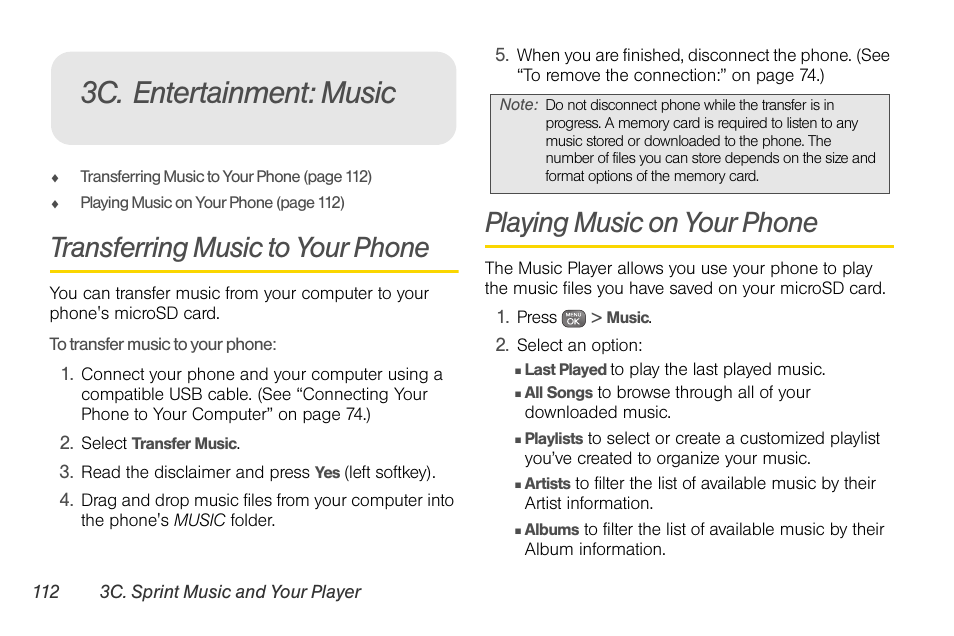 Transferring music to your phone, 3c. entertainment: music, To transfer music to your phone | Playing music on your phone | Sprint Nextel LG Remarq UG_9a_070709 User Manual | Page 122 / 143