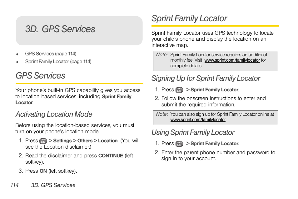 3d. gps services, Gps services, Activating location mode | Sprint family locator, Signing up for sprint family locator, Using sprint family locator | Sprint Nextel LG Remarq UG_9a_070709 User Manual | Page 124 / 143