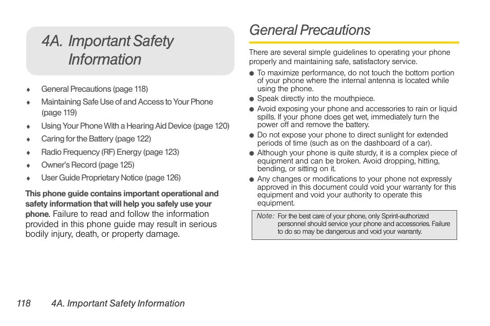 4a. important safety information, General precautions | Sprint Nextel LG Remarq UG_9a_070709 User Manual | Page 128 / 143