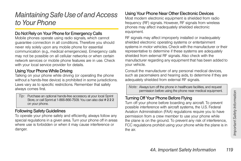 Maintaining safe use of and access to your phone | Sprint Nextel LG Remarq UG_9a_070709 User Manual | Page 129 / 143