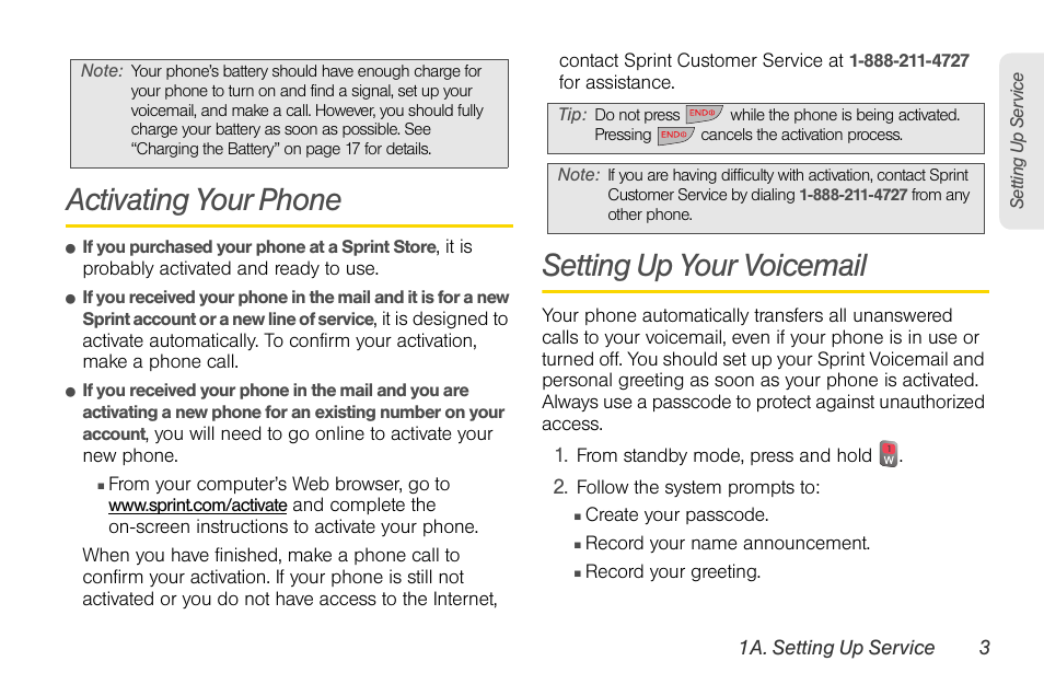 Activating your phone, Setting up your voicemail | Sprint Nextel LG Remarq UG_9a_070709 User Manual | Page 13 / 143
