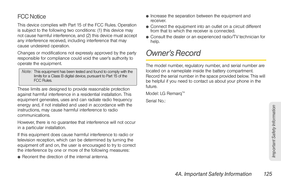 Owner’s record, Fcc notice | Sprint Nextel LG Remarq UG_9a_070709 User Manual | Page 135 / 143