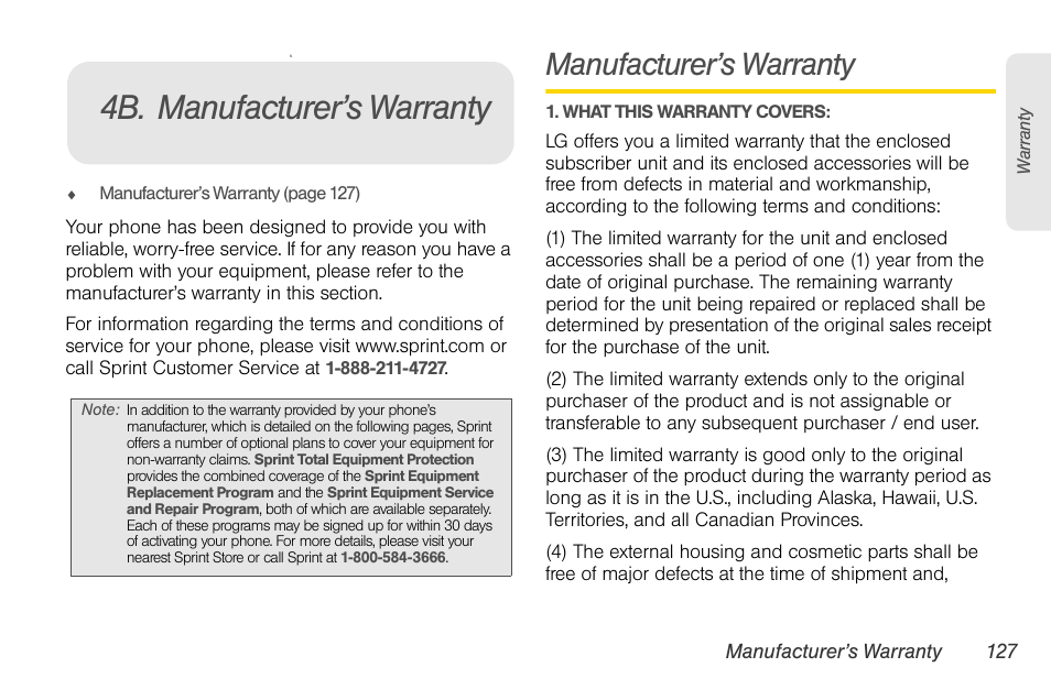 4b. manufacturer’s warranty, Manufacturer’s warranty | Sprint Nextel LG Remarq UG_9a_070709 User Manual | Page 137 / 143