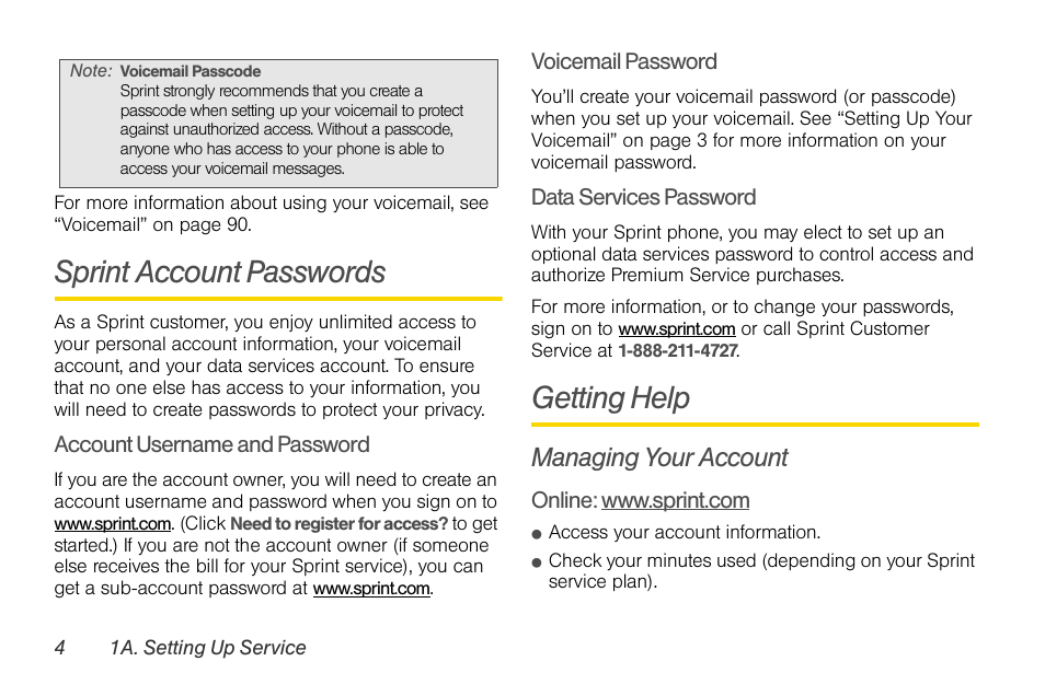 Sprint account passwords, Getting help, Managing your account | Sprint Nextel LG Remarq UG_9a_070709 User Manual | Page 14 / 143