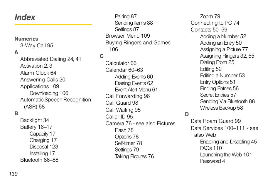 Index | Sprint Nextel LG Remarq UG_9a_070709 User Manual | Page 140 / 143