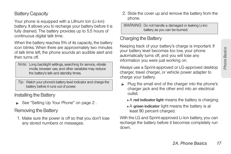 Battery capacity, Installing the battery, Removing the battery | Charging the battery | Sprint Nextel LG Remarq UG_9a_070709 User Manual | Page 27 / 143