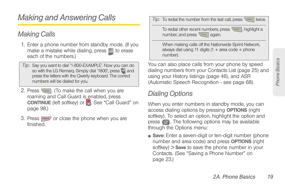 Making and answering calls, Making calls, Dialing options | Sprint Nextel LG Remarq UG_9a_070709 User Manual | Page 29 / 143