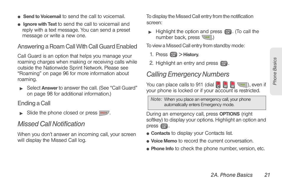 Missed call notification, Calling emergency numbers, Answering a roam call with call guard enabled | Ending a call | Sprint Nextel LG Remarq UG_9a_070709 User Manual | Page 31 / 143