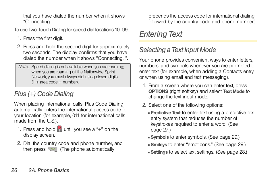 Plus (+) code dialing, Entering text, Selecting a text input mode | Sprint Nextel LG Remarq UG_9a_070709 User Manual | Page 36 / 143