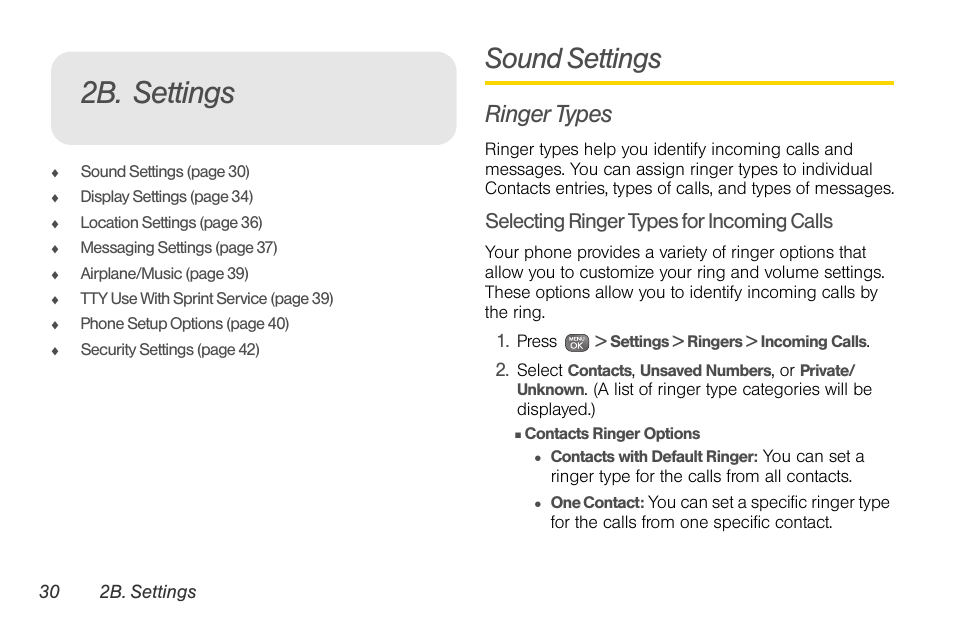 2b. settings, Sound settings, Ringer types | Selecting ringer types for incoming calls | Sprint Nextel LG Remarq UG_9a_070709 User Manual | Page 40 / 143