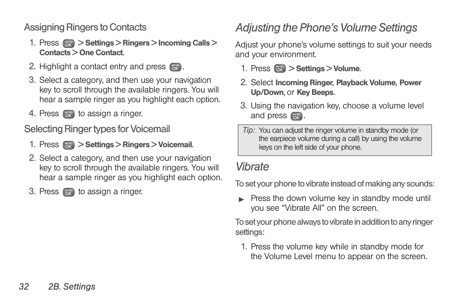 Adjusting the phone’s volume settings, Vibrate | Sprint Nextel LG Remarq UG_9a_070709 User Manual | Page 42 / 143