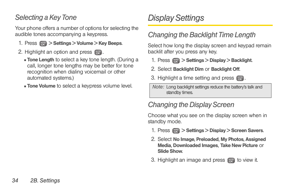 Selecting a key tone, Display settings, Changing the backlight time length | Changing the display screen | Sprint Nextel LG Remarq UG_9a_070709 User Manual | Page 44 / 143