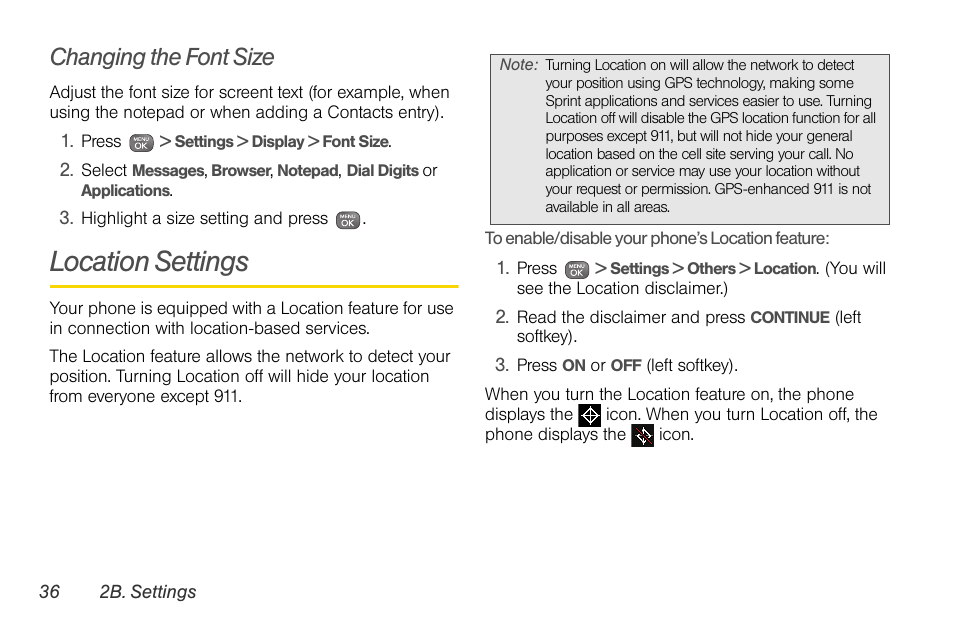 Changing the font size, Location settings | Sprint Nextel LG Remarq UG_9a_070709 User Manual | Page 46 / 143
