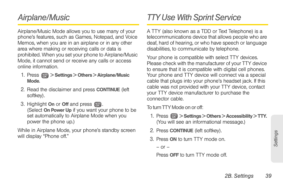 Airplane/music, Tty use with sprint service | Sprint Nextel LG Remarq UG_9a_070709 User Manual | Page 49 / 143