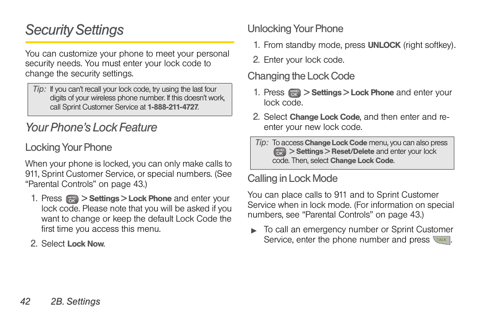 Security settings, Your phone’s lock feature | Sprint Nextel LG Remarq UG_9a_070709 User Manual | Page 52 / 143