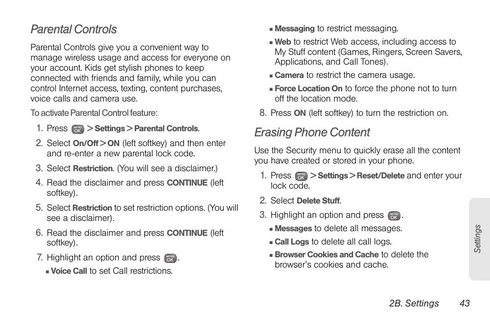 Parental controls, Erasing phone content | Sprint Nextel LG Remarq UG_9a_070709 User Manual | Page 53 / 143