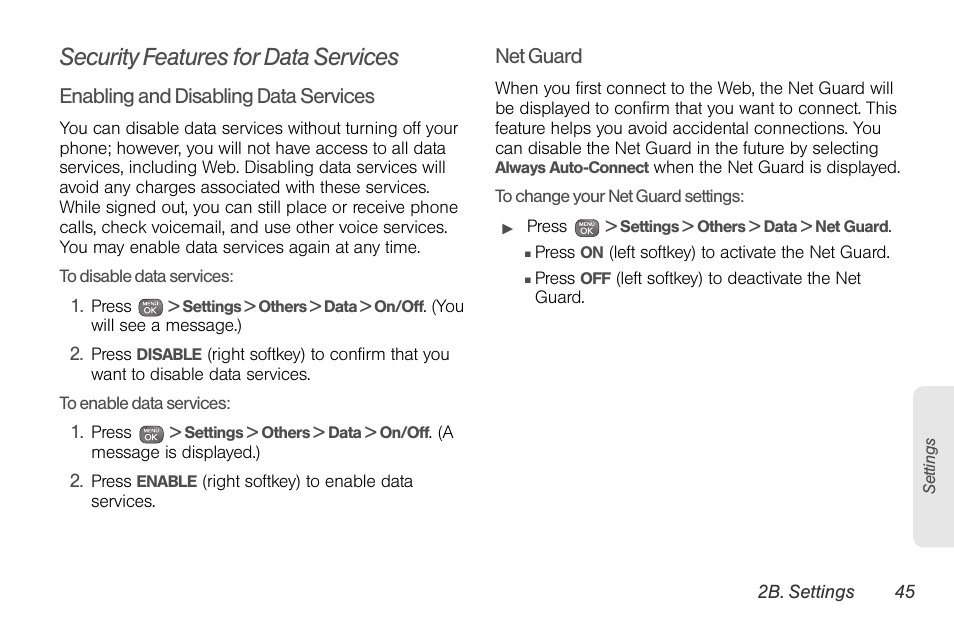 Security features for data services | Sprint Nextel LG Remarq UG_9a_070709 User Manual | Page 55 / 143