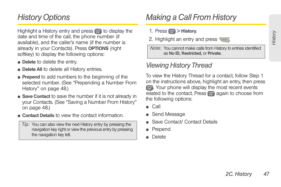 History options, Making a call from history, Viewing history thread | Sprint Nextel LG Remarq UG_9a_070709 User Manual | Page 57 / 143