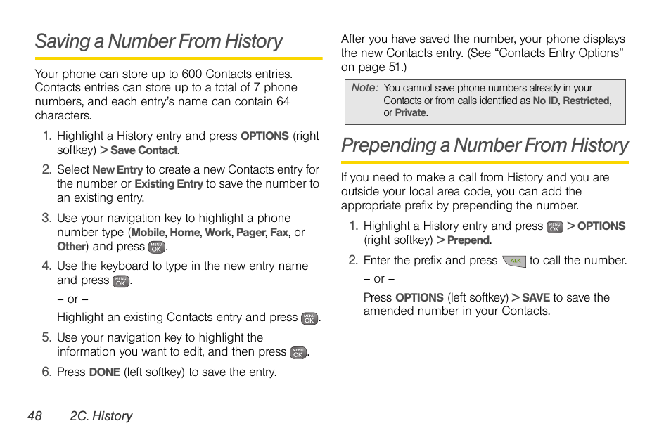 Saving a number from history, Prepending a number from history | Sprint Nextel LG Remarq UG_9a_070709 User Manual | Page 58 / 143