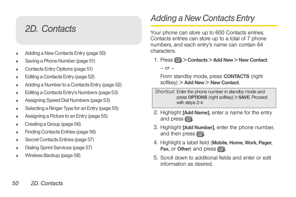 2d. contacts, Adding a new contacts entry | Sprint Nextel LG Remarq UG_9a_070709 User Manual | Page 60 / 143