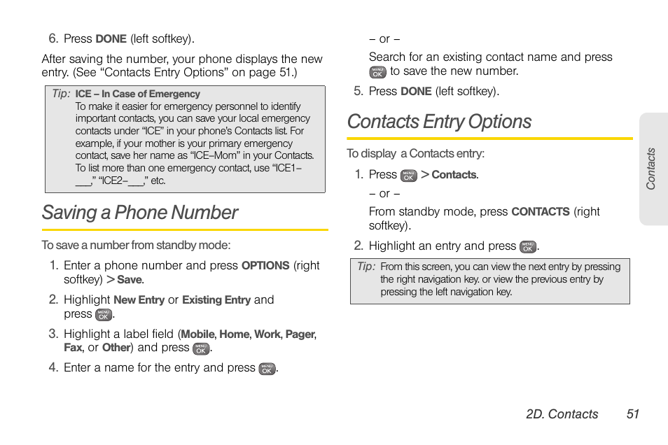Saving a phone number, Contacts entry options | Sprint Nextel LG Remarq UG_9a_070709 User Manual | Page 61 / 143