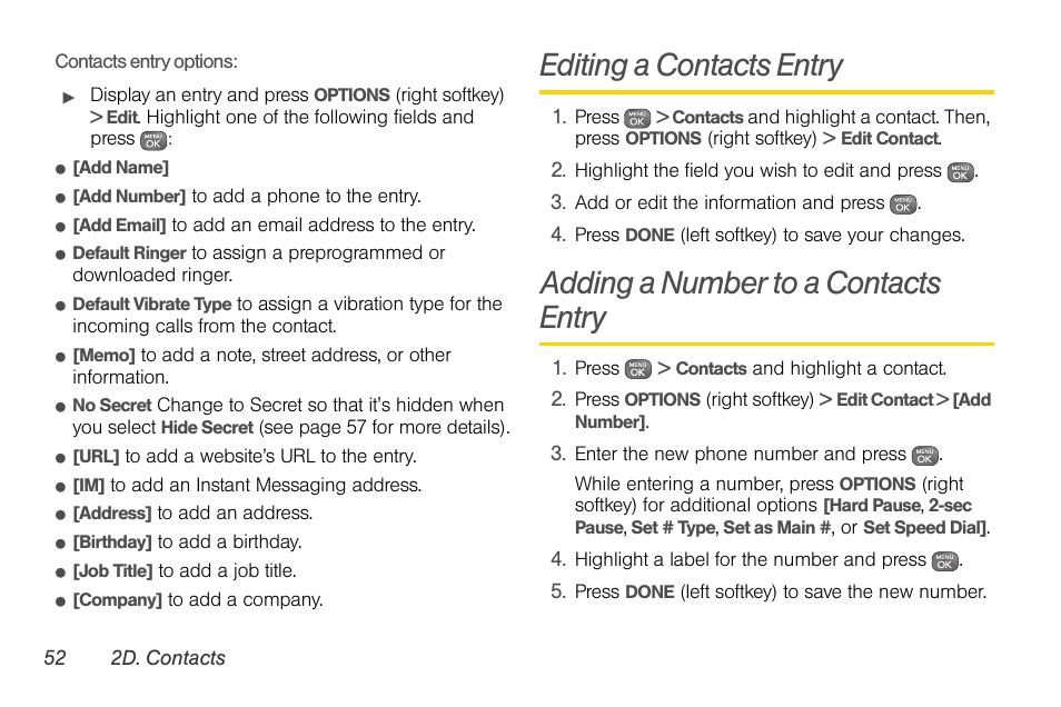 Editing a contacts entry, Adding a number to a contacts entry | Sprint Nextel LG Remarq UG_9a_070709 User Manual | Page 62 / 143