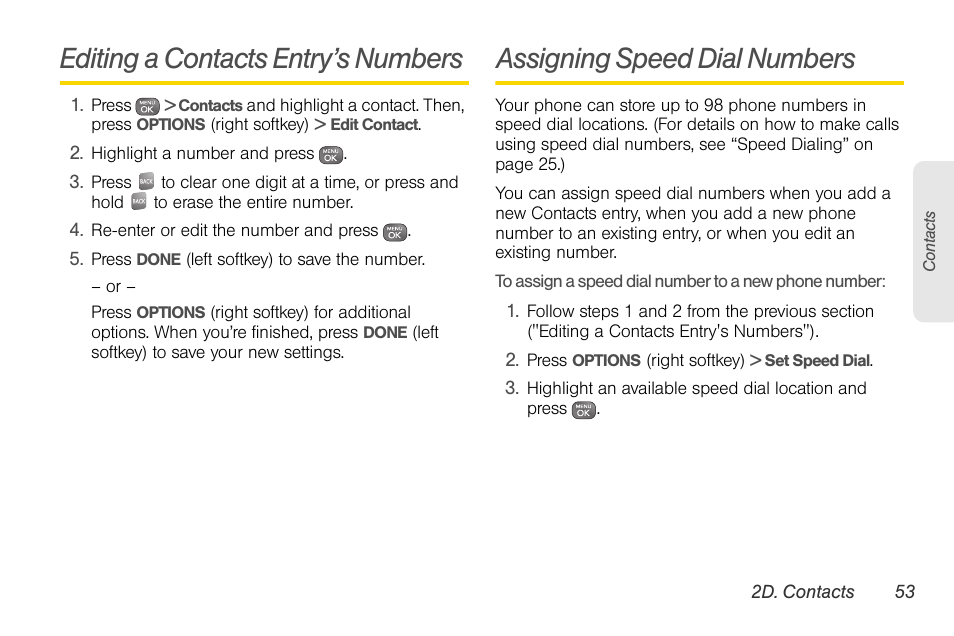 Editing a contacts entry’s numbers, Assigning speed dial numbers | Sprint Nextel LG Remarq UG_9a_070709 User Manual | Page 63 / 143
