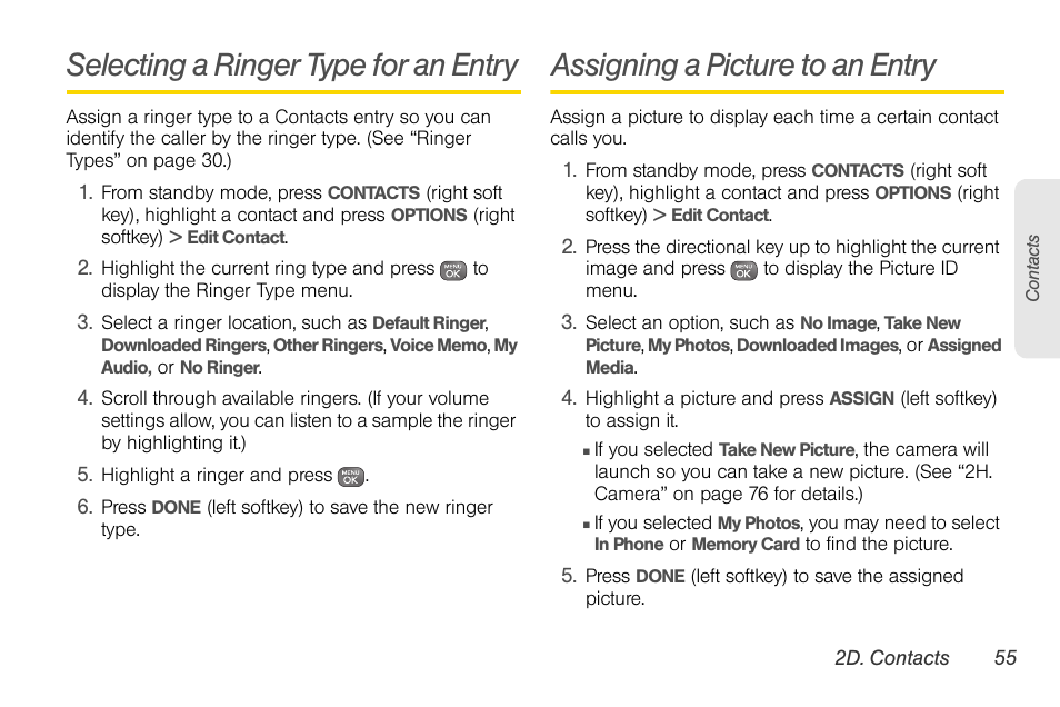 Selecting a ringer type for an entry, Assigning a picture to an entry | Sprint Nextel LG Remarq UG_9a_070709 User Manual | Page 65 / 143