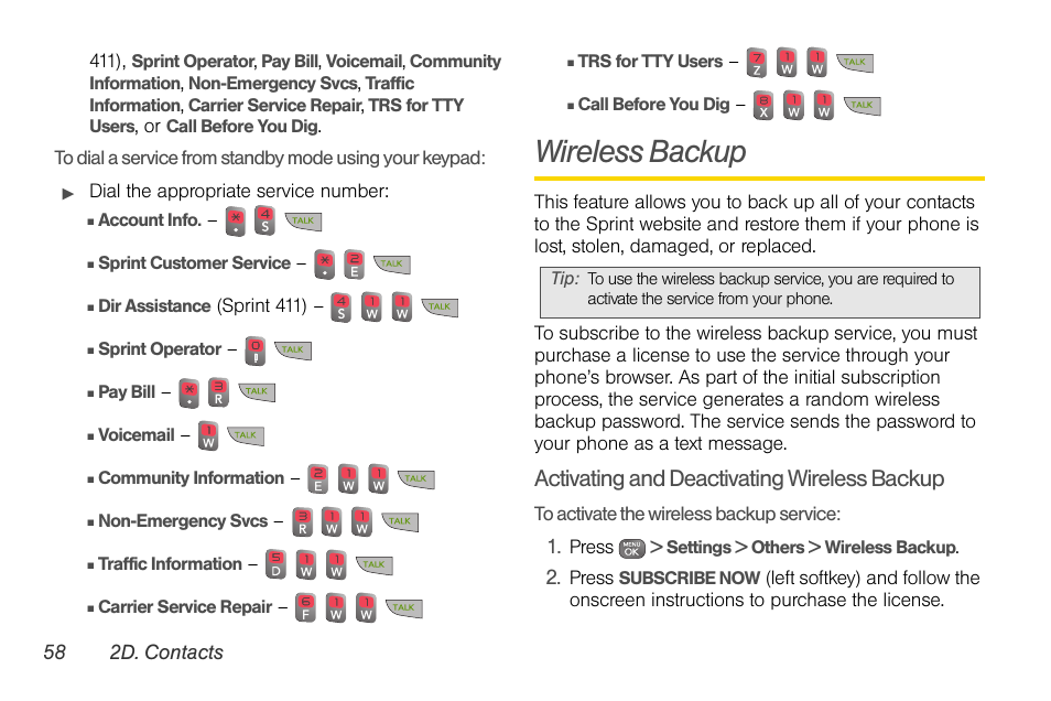 Wireless backup, Activating and deactivating wireless backup | Sprint Nextel LG Remarq UG_9a_070709 User Manual | Page 68 / 143