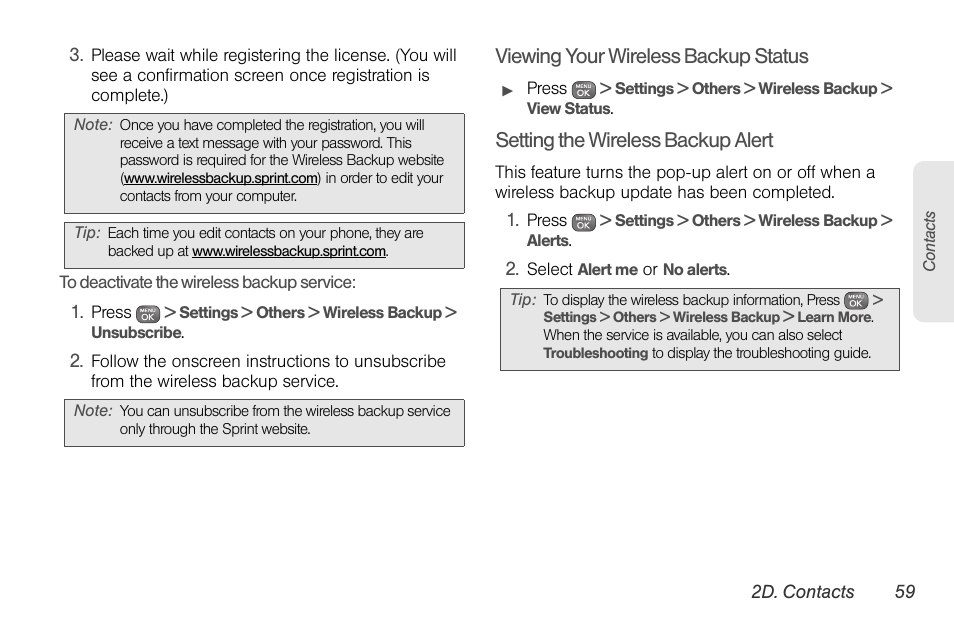 Viewing your wireless backup status, Setting the wireless backup alert | Sprint Nextel LG Remarq UG_9a_070709 User Manual | Page 69 / 143