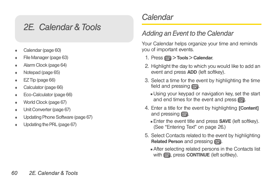 2e. calendar & tools, Calendar, Adding an event to the calendar | Sprint Nextel LG Remarq UG_9a_070709 User Manual | Page 70 / 143