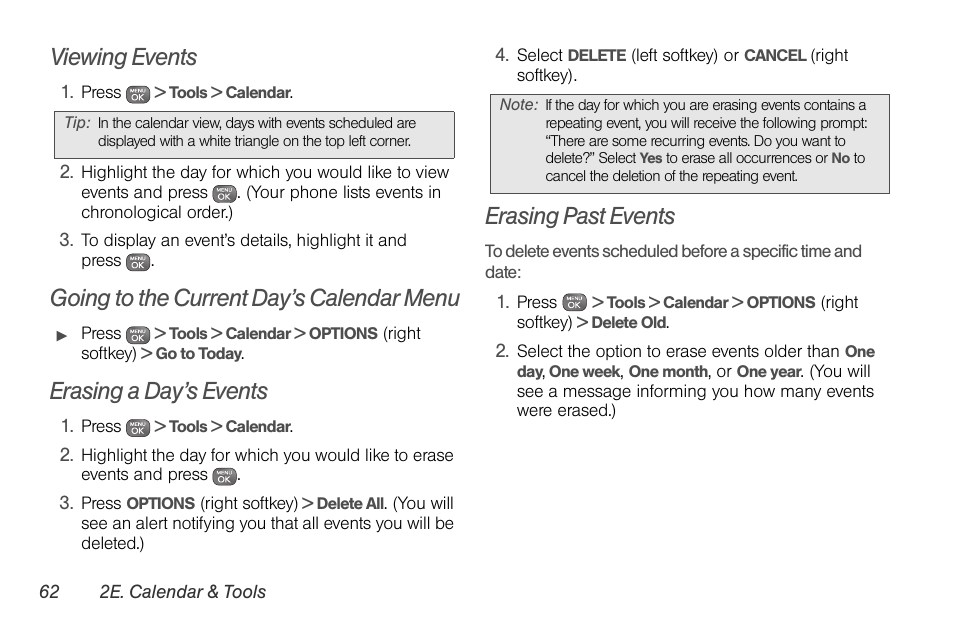 Viewing events, Going to the current day’s calendar menu, Erasing a day’s events | Erasing past events | Sprint Nextel LG Remarq UG_9a_070709 User Manual | Page 72 / 143