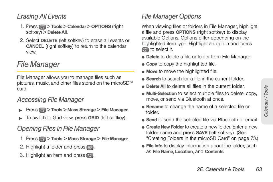 Erasing all events, File manager, Accessing file manager | Opening files in file manager, File manager options | Sprint Nextel LG Remarq UG_9a_070709 User Manual | Page 73 / 143