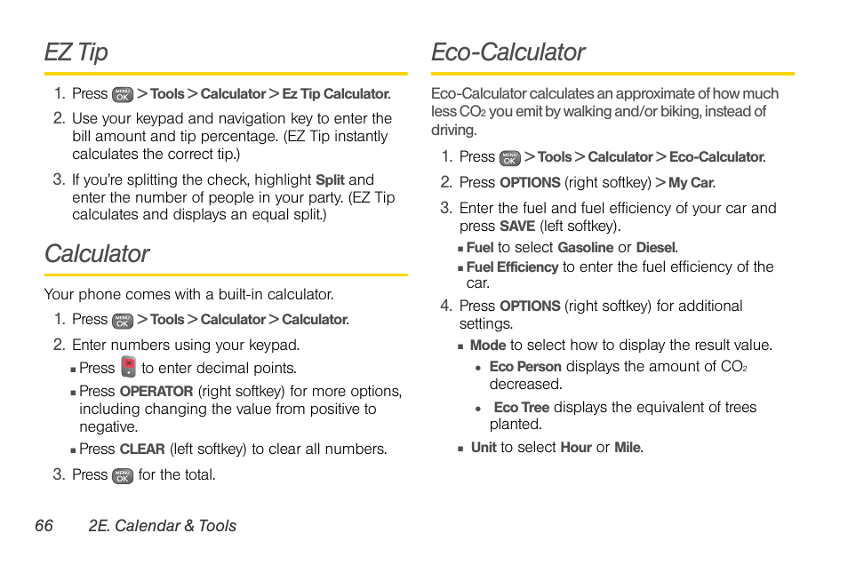 Ez tip, Calculator, Eco-calculator | Sprint Nextel LG Remarq UG_9a_070709 User Manual | Page 76 / 143