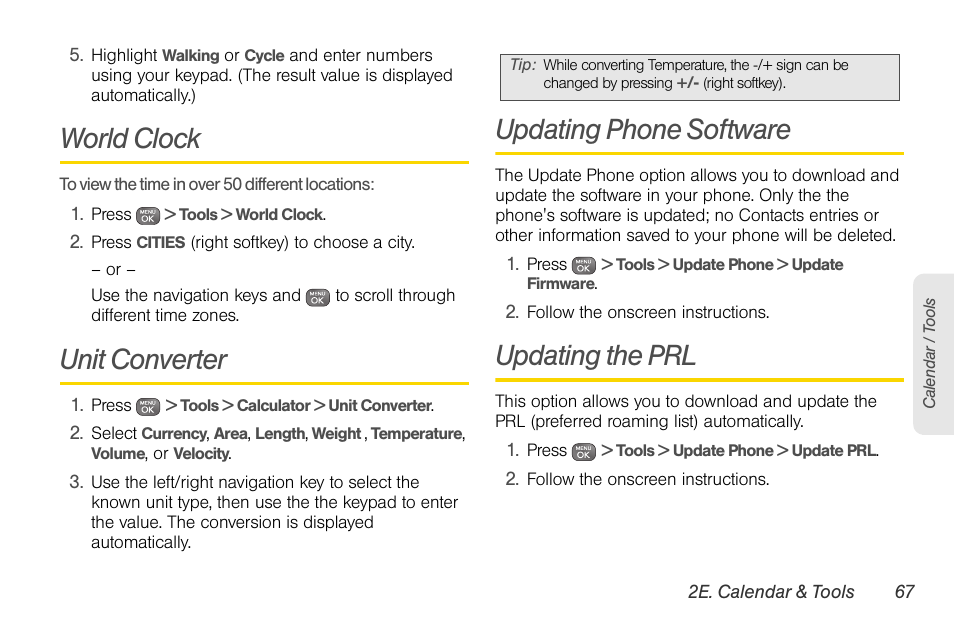 World clock, Unit converter, Updating phone software | Updating the prl | Sprint Nextel LG Remarq UG_9a_070709 User Manual | Page 77 / 143