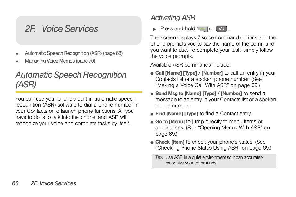 2f. voice services, Automatic speech recognition (asr), Activating asr | Sprint Nextel LG Remarq UG_9a_070709 User Manual | Page 78 / 143