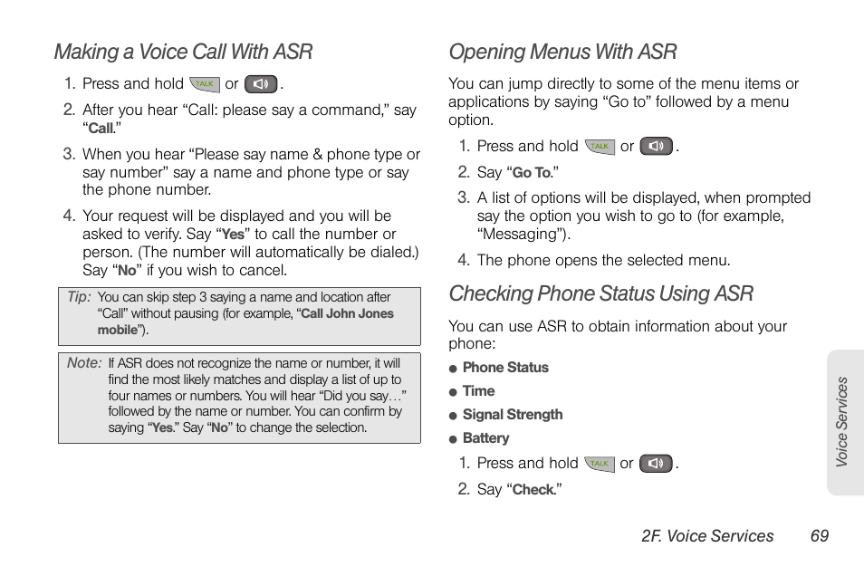 Making a voice call with asr, Opening menus with asr, Checking phone status using asr | Sprint Nextel LG Remarq UG_9a_070709 User Manual | Page 79 / 143