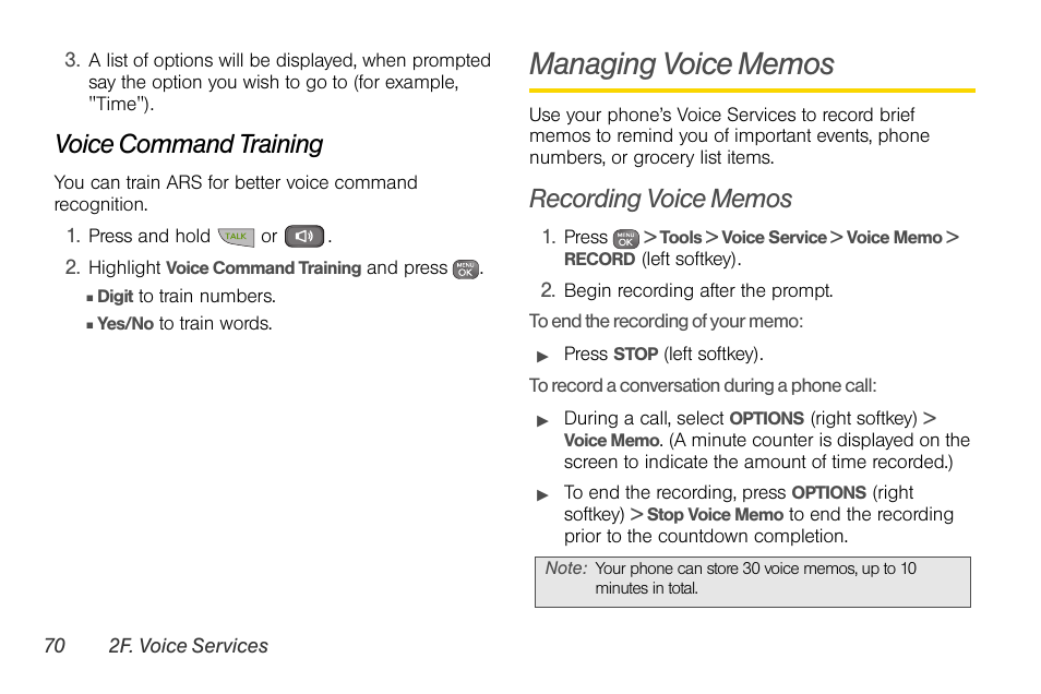 Voice command training, Managing voice memos, Recording voice memos | Sprint Nextel LG Remarq UG_9a_070709 User Manual | Page 80 / 143