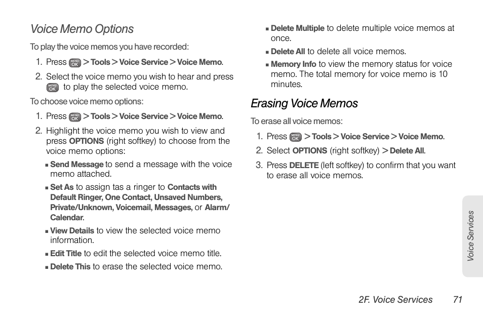 Voice memo options, Erasing voice memos | Sprint Nextel LG Remarq UG_9a_070709 User Manual | Page 81 / 143