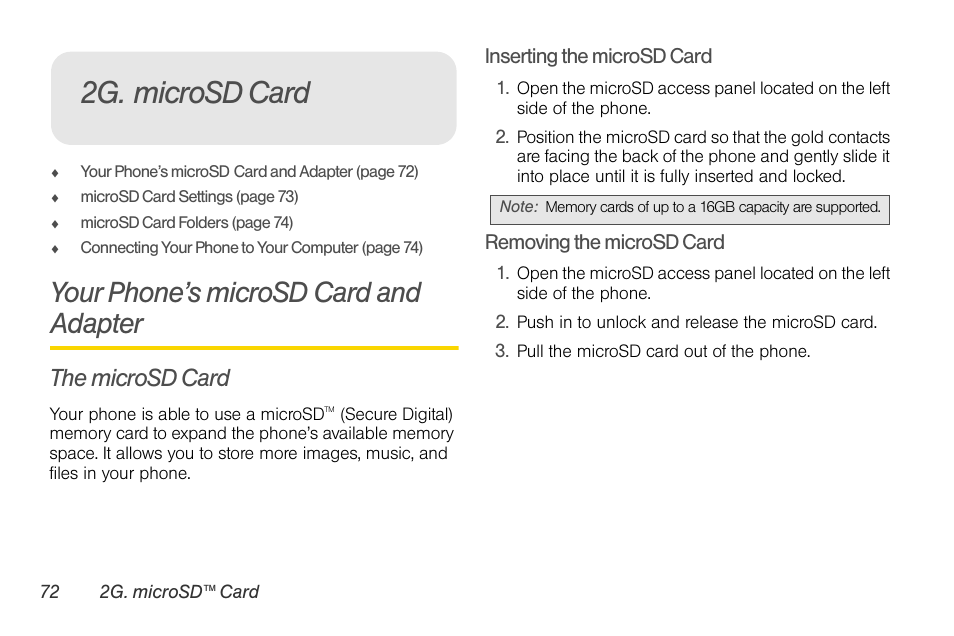 2g. microsd card, Your phone’s microsd card and adapter, The microsd card | Your phone’s microsd, Card and adapter | Sprint Nextel LG Remarq UG_9a_070709 User Manual | Page 82 / 143